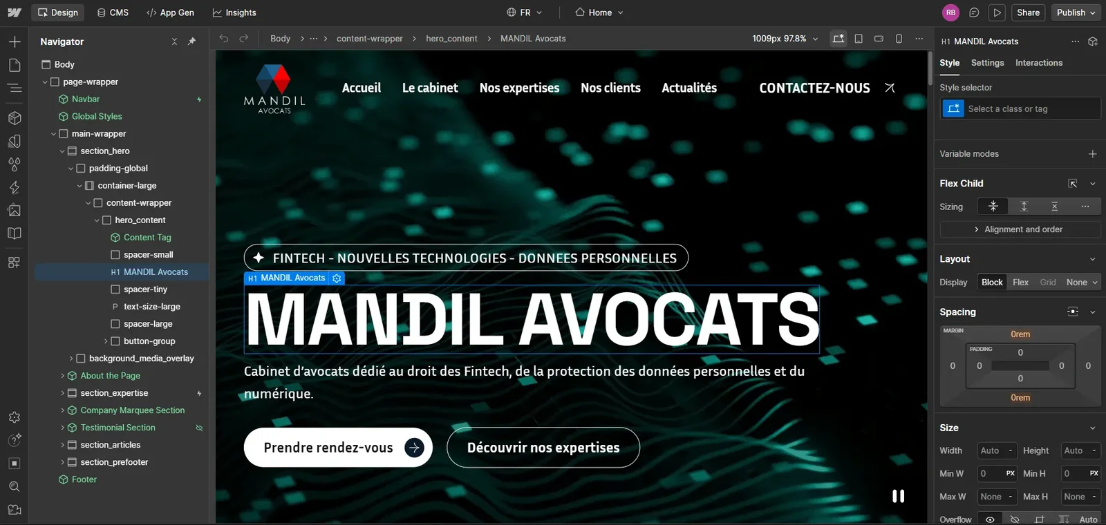 Site en cours de développement dans Webflow